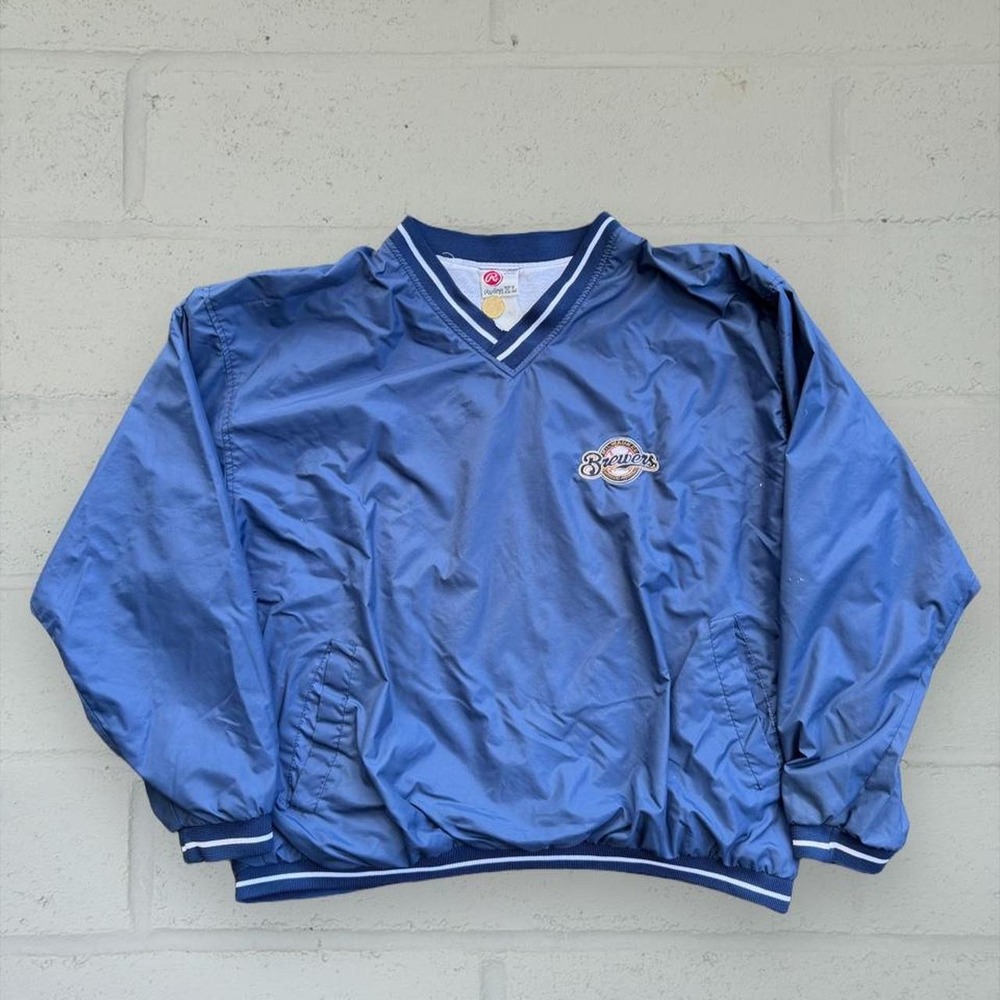 Vintage Rawlings MLB Milwaukee Brewers V-Neck Windbreaker XL Blue 90s Pullover